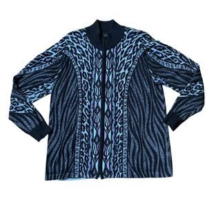 Bob Mackie Wearable Art Cardigan SZ L Zip Mock Neck Black Purple Animal Wild
